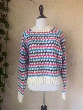 Zara Cream Crewneck Sweater with Blue, Pink & Gray Stripes